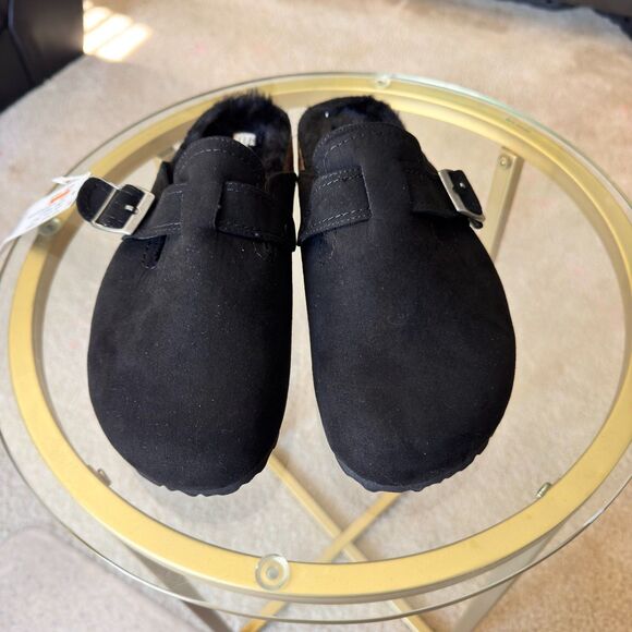 Esprit Sally Mules Women’s 8.5 Black Faux Suede Fur Lined Slip On Buckle NWT - Picture 1 of 6